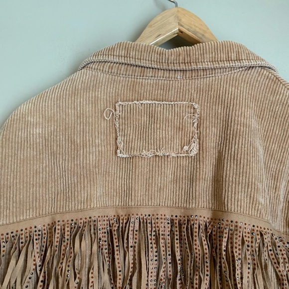 POL tan Rough Fringe Corduroy Jacket studded coat distressed boho coastal - Picture 9 of 11